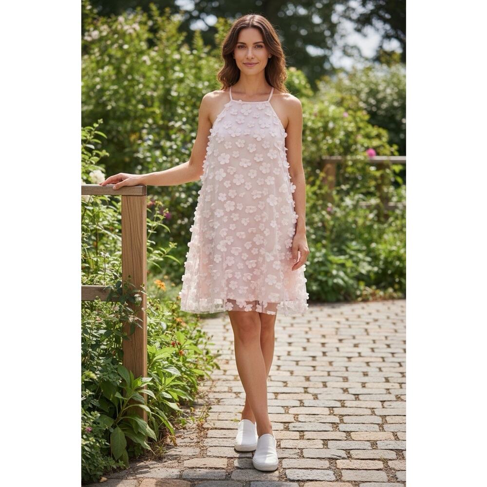 BCBG Halter Swing 3D Floral Petal Appliqué Dress NEW Pink Size LARGE